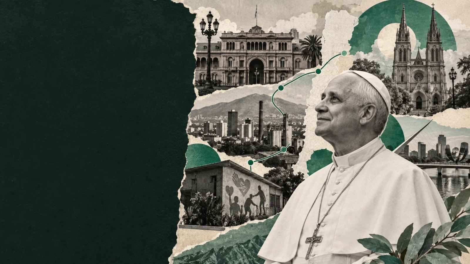 Collage editorial sobre León XIV, Casa Rosada, Luján, Córdoba, Claypole y el recorrido argentino.