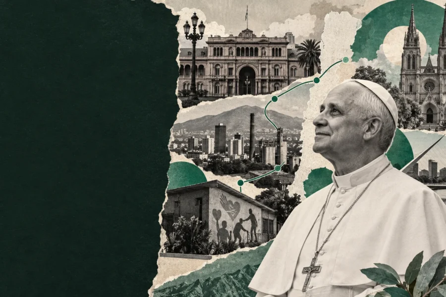 Collage editorial sobre León XIV, Casa Rosada, Luján, Córdoba, Claypole y el recorrido argentino.