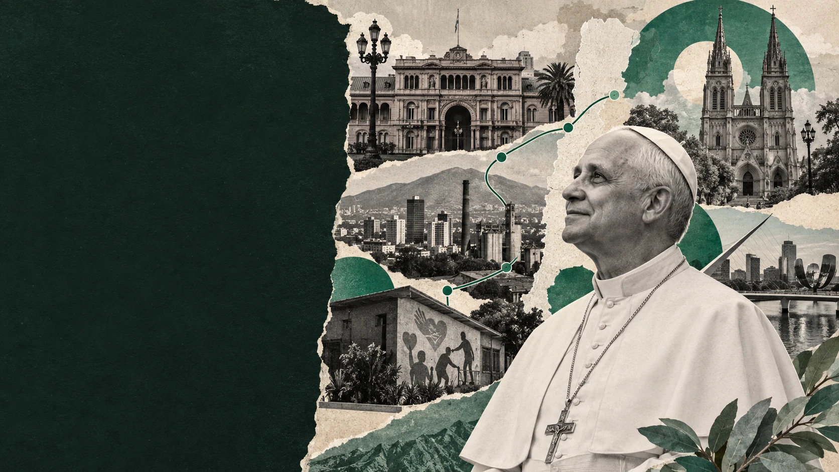 Collage editorial sobre León XIV, Casa Rosada, Luján, Córdoba, Claypole y el recorrido argentino.