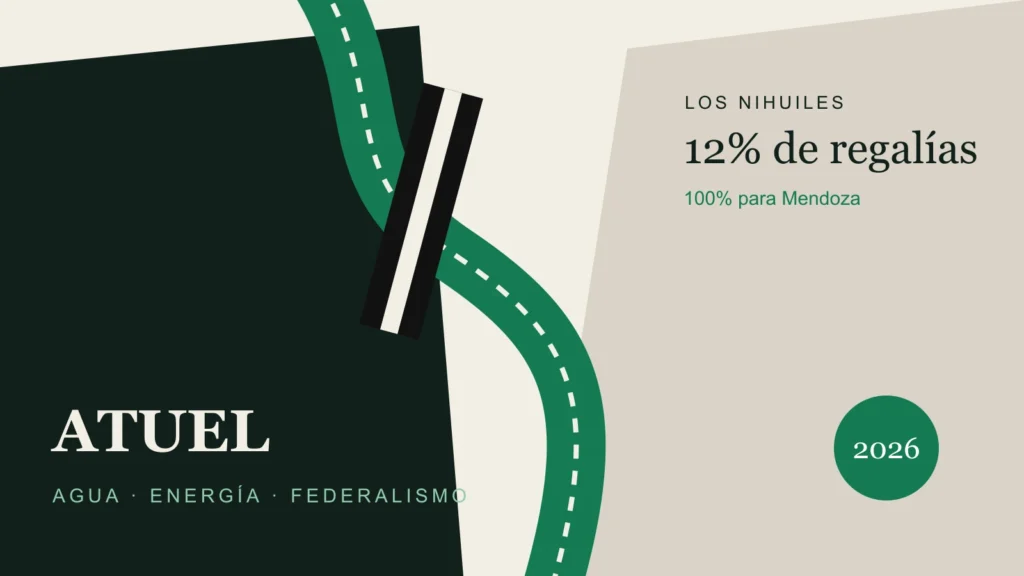 Ilustración editorial del río Atuel entre Mendoza y La Pampa, con una compuerta que representa la distribución de regalías.