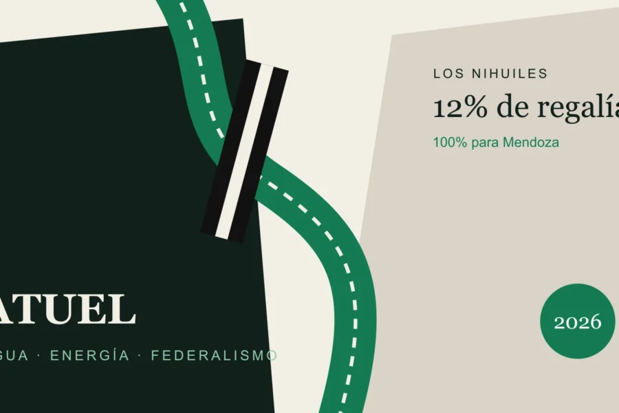 Ilustración editorial del río Atuel entre Mendoza y La Pampa, con una compuerta que representa la distribución de regalías.
