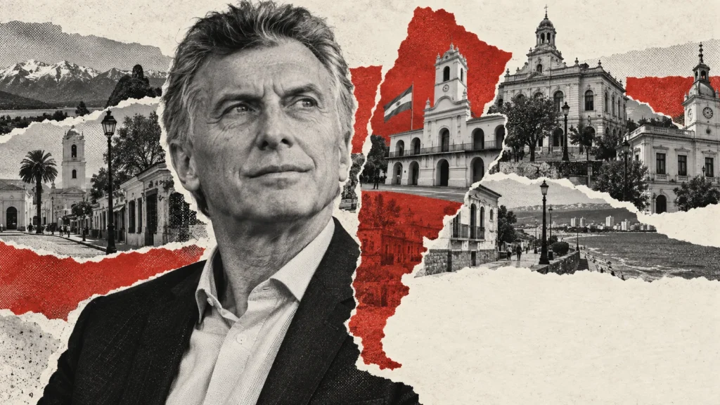 Collage conceptual generado con un retrato sintético de Mauricio Macri, arquitectura municipal y una silueta argentina; no representa un acto ni municipios específicos.
