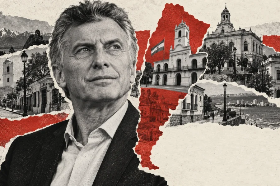 Collage conceptual generado con un retrato sintético de Mauricio Macri, arquitectura municipal y una silueta argentina; no representa un acto ni municipios específicos.
