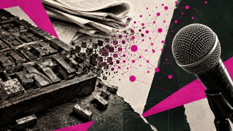 Collage conceptual de tipos de imprenta, papeles, un micrófono y una red geométrica.