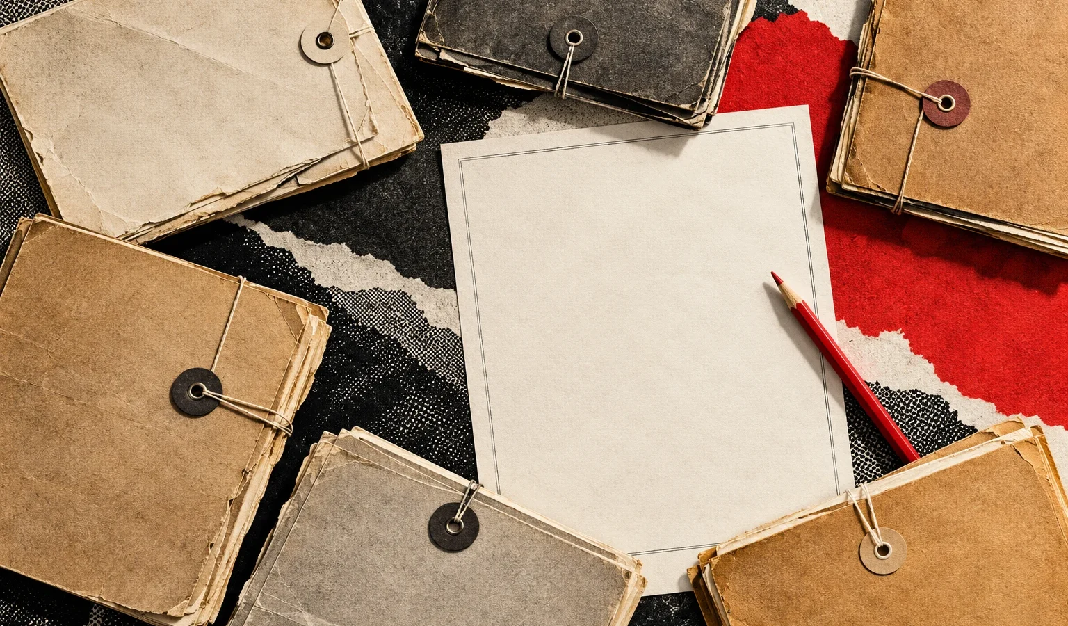 Collage conceptual de seis carpetas de papel, una hoja en blanco y un lápiz rojo; alude a los nombramientos, no reproduce documentos reales.