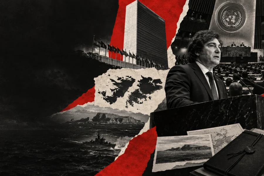 Collage editorial de Milei llevó Malvinas a la Asamblea de la ONU después del cruce con Londres.