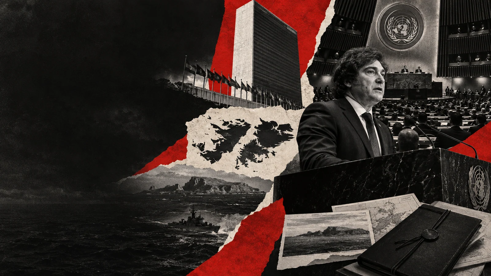 Collage editorial de Milei llevó Malvinas a la Asamblea de la ONU después del cruce con Londres.