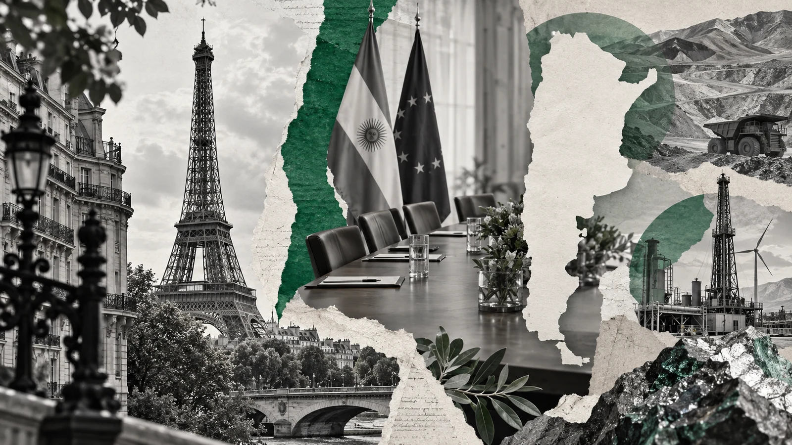 Collage conceptual original generado con IA para nación / argentina week. Recortes sintéticos y papel rasgado; no es fotografía documental ni prueba del acontecimiento.