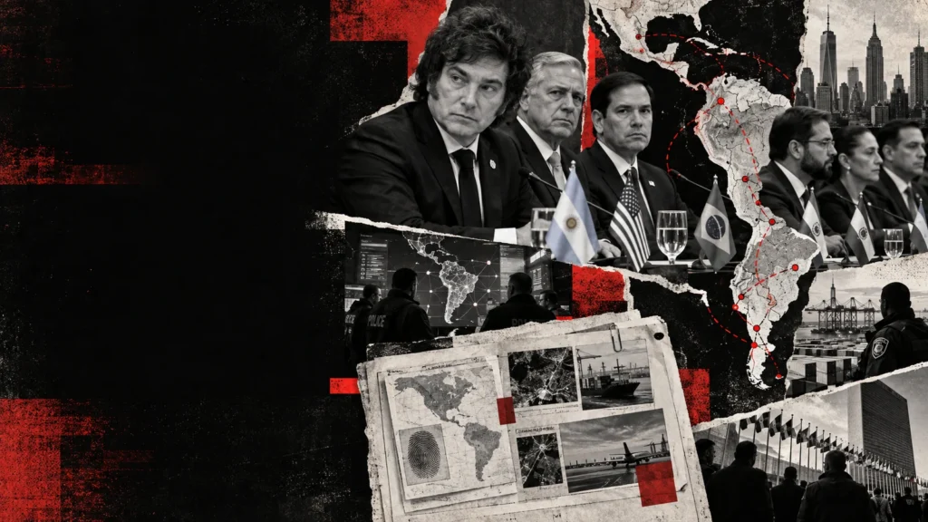 Collage editorial de Milei volvió a Shield of the Americas y alineó su agenda regional con Trump.