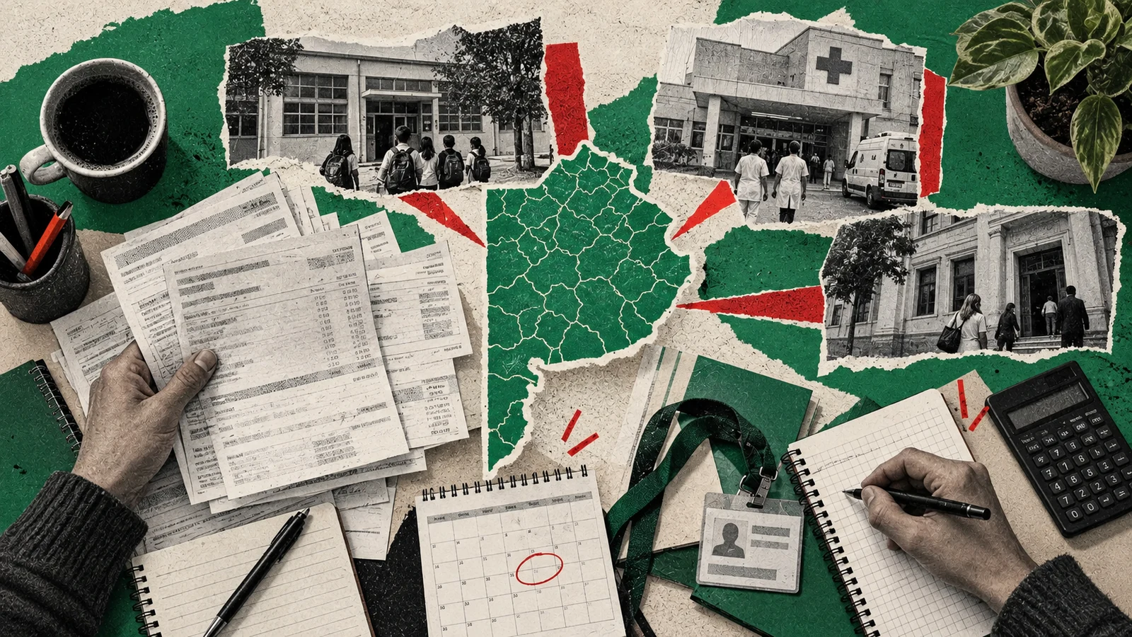 Collage contextual sobre salarios estatales y servicios públicos en la provincia de Buenos Aires.
