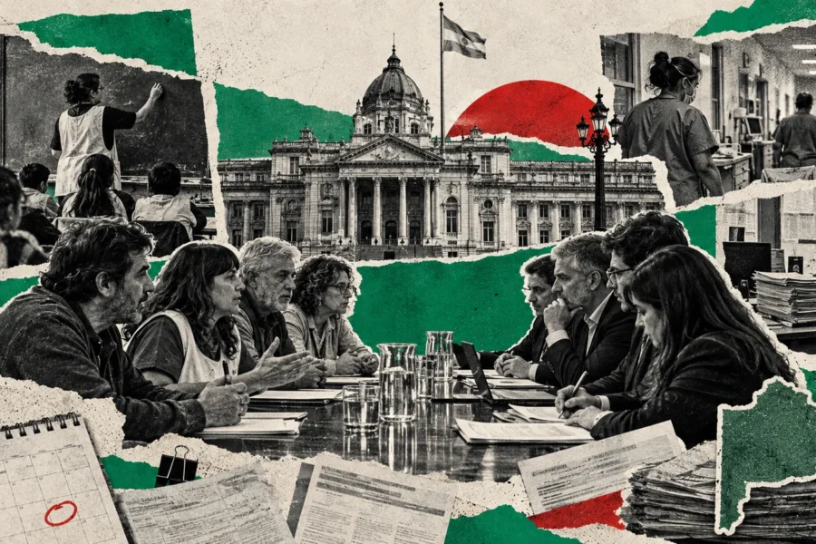 Collage editorial sobre la reapertura de la paritaria bonaerense con estatales y docentes.