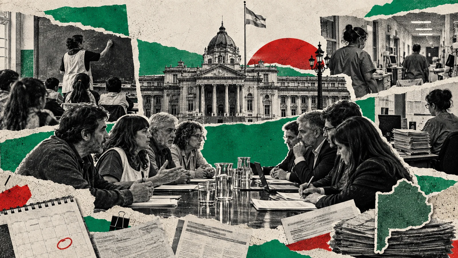 Collage editorial sobre la reapertura de la paritaria bonaerense con estatales y docentes.