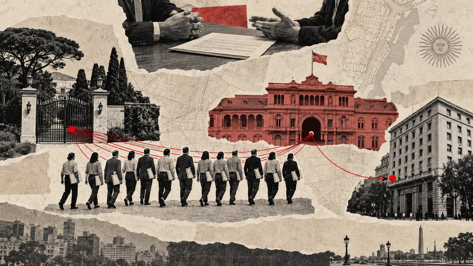 Collage contextual del traslado de trabajadores entre la Quinta de Olivos, Casa Rosada y otras oficinas públicas.