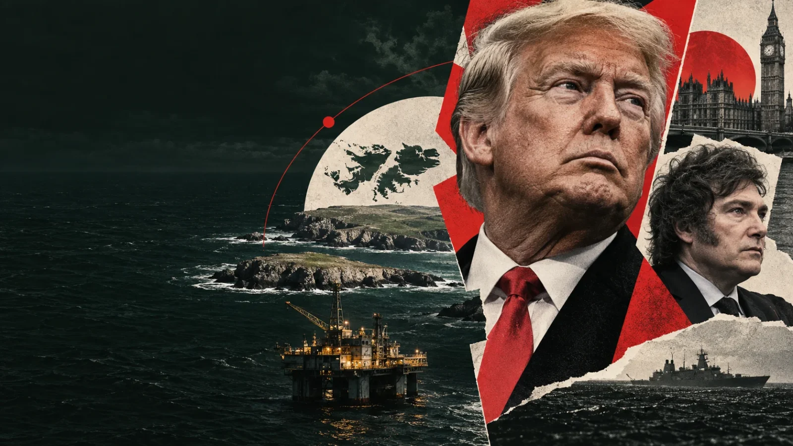 Collage editorial de archivo sobre Trump, Londres y Malvinas.