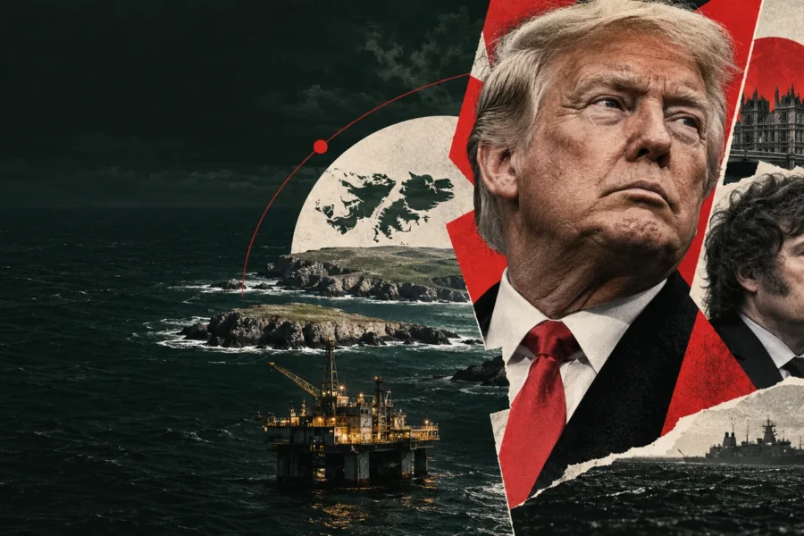 Collage editorial de archivo sobre Trump, Londres y Malvinas.
