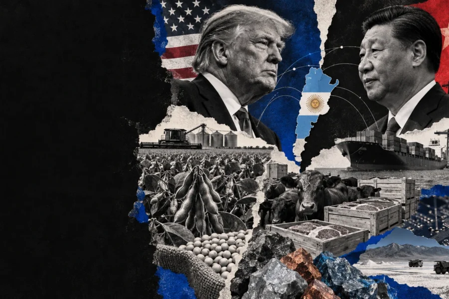 Collage editorial de Trump recibe a Xi y la Argentina mira soja, carne, minería y tecnología.