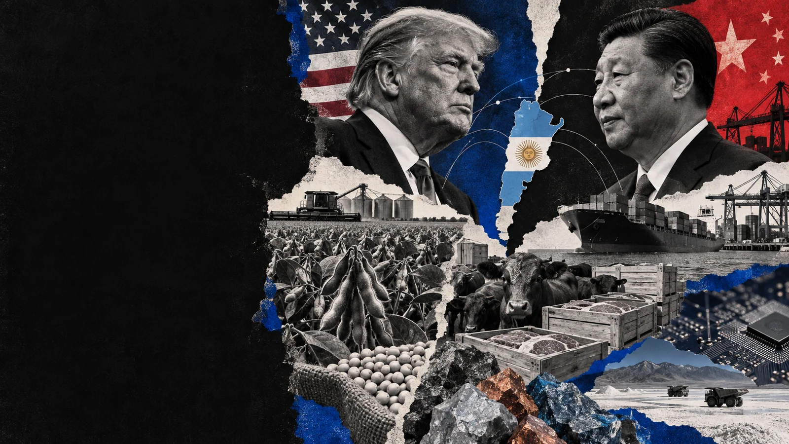 Collage editorial de Trump recibe a Xi y la Argentina mira soja, carne, minería y tecnología.