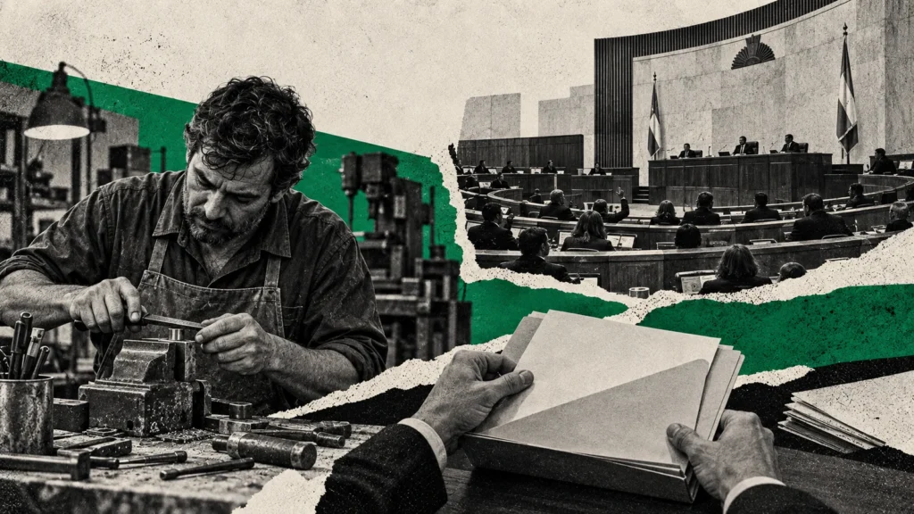 Collage conceptual original de La Red para tucumán / crédito productivo, generado con IA. No es fotografía documental ni representa una obra concluida o una reunión real.