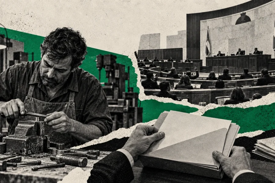 Collage conceptual original de La Red para tucumán / crédito productivo, generado con IA. No es fotografía documental ni representa una obra concluida o una reunión real.