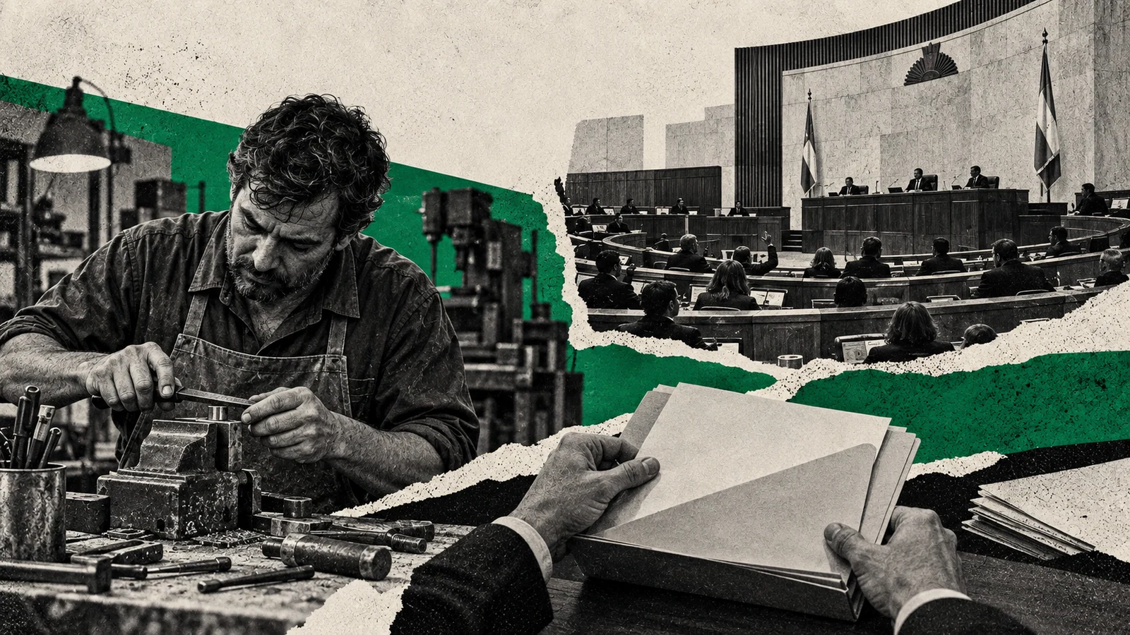 Collage conceptual original de La Red para tucumán / crédito productivo, generado con IA. No es fotografía documental ni representa una obra concluida o una reunión real.