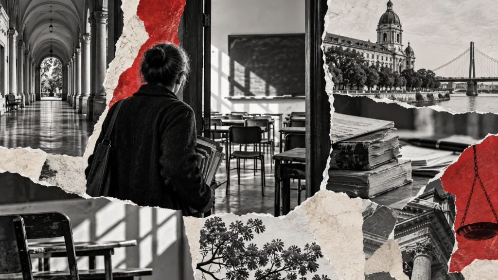 Collage conceptual original generado con IA para universidades / córdoba y rosario. Recortes sintéticos y papel rasgado; no es fotografía documental ni prueba del acontecimiento.