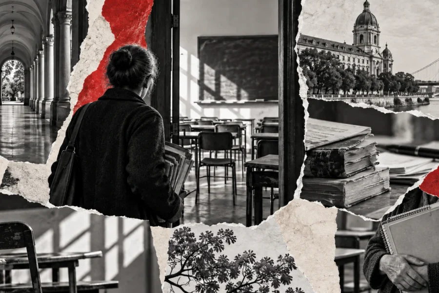 Collage conceptual generado con IA sobre una semana de paro docente: corredor universitario, aula, libros y manos de una docente con cuadernos. No es fotografía documental.