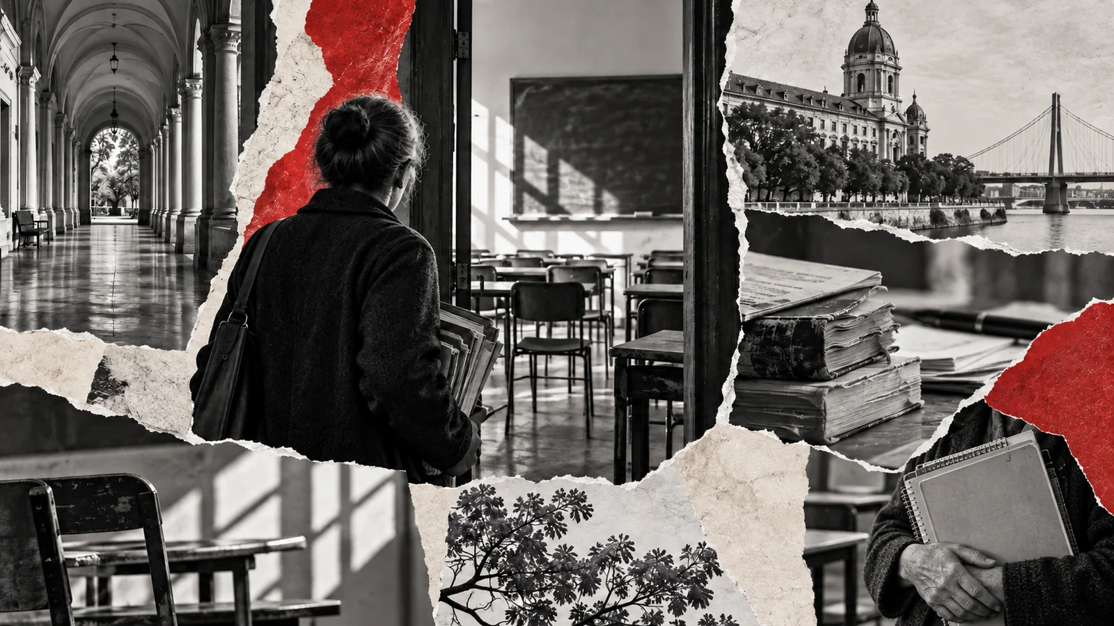 Collage conceptual generado con IA sobre una semana de paro docente: corredor universitario, aula, libros y manos de una docente con cuadernos. No es fotografía documental.