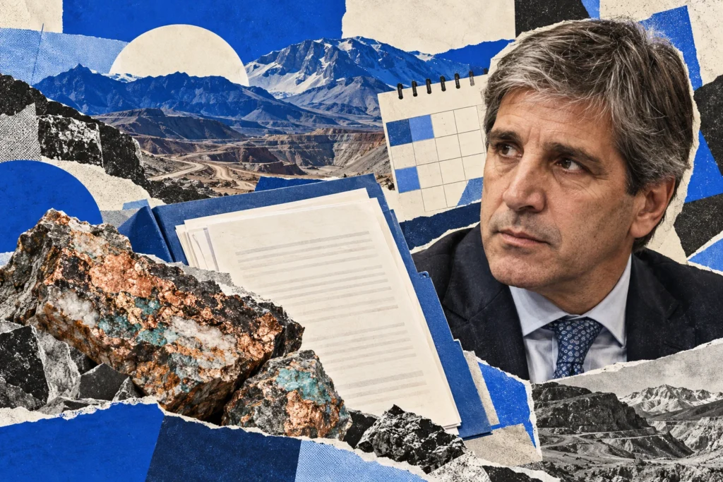 Collage conceptual original de La Red, 27/10/2026, creado con IA integrada: retrato sintético de Luis Caputo, roca y documentos imaginarios. El paisaje no muestra Agua Rica ni una obra o explotación reales.