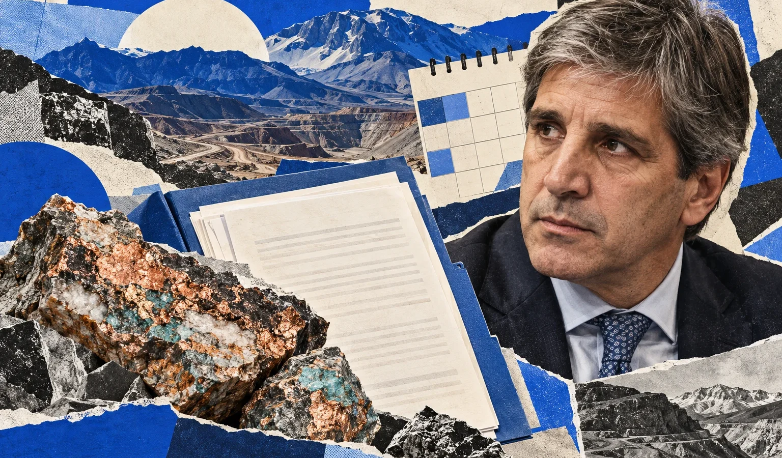 Collage conceptual original de La Red, 27/10/2026, creado con IA integrada: retrato sintético de Luis Caputo, roca y documentos imaginarios. El paisaje no muestra Agua Rica ni una obra o explotación reales.