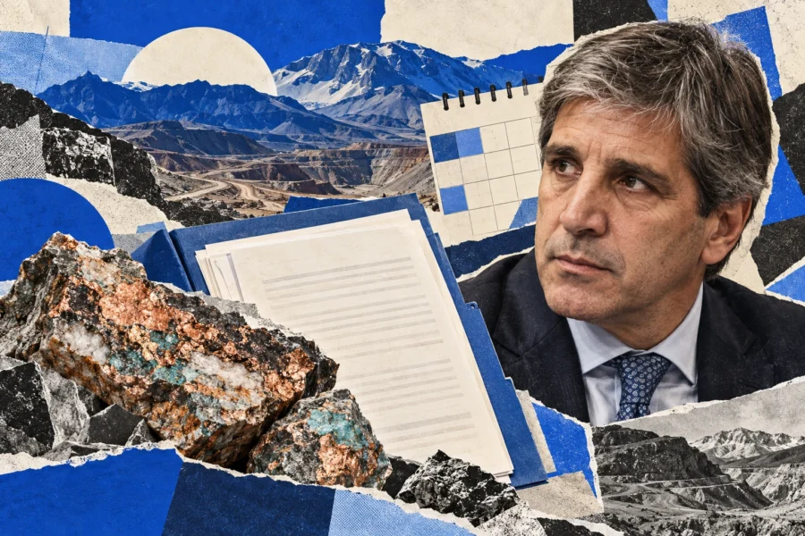 Collage conceptual original de La Red, 27/10/2026, creado con IA integrada: retrato sintético de Luis Caputo, roca y documentos imaginarios. El paisaje no muestra Agua Rica ni una obra o explotación reales.