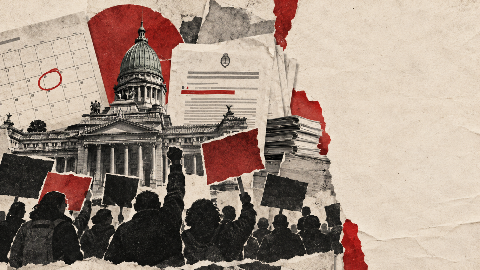 Collage editorial en rojo, negro y marfil sobre el paro nacional de ATE, con Congreso y siluetas sin rostros
