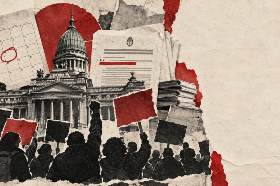 Collage editorial en rojo, negro y marfil sobre el paro nacional de ATE, con Congreso y siluetas sin rostros