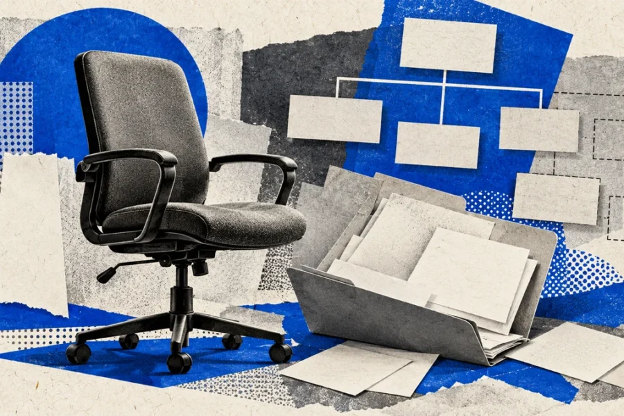 Collage azul con silla de oficina y papeles abstractos: trabajo estatal, retiros y disputa por los cargos