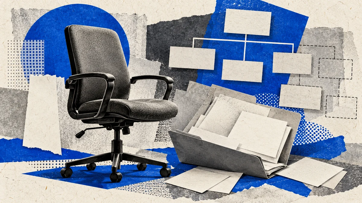 Collage azul con silla de oficina y papeles abstractos: trabajo estatal, retiros y disputa por los cargos