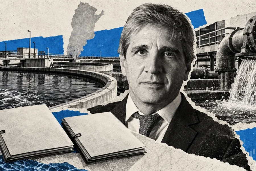 Luis Caputo, retrato oficial de archivo autorizado, en collage conceptual sobre la apertura de ofertas por AySA; no fotografía del acto