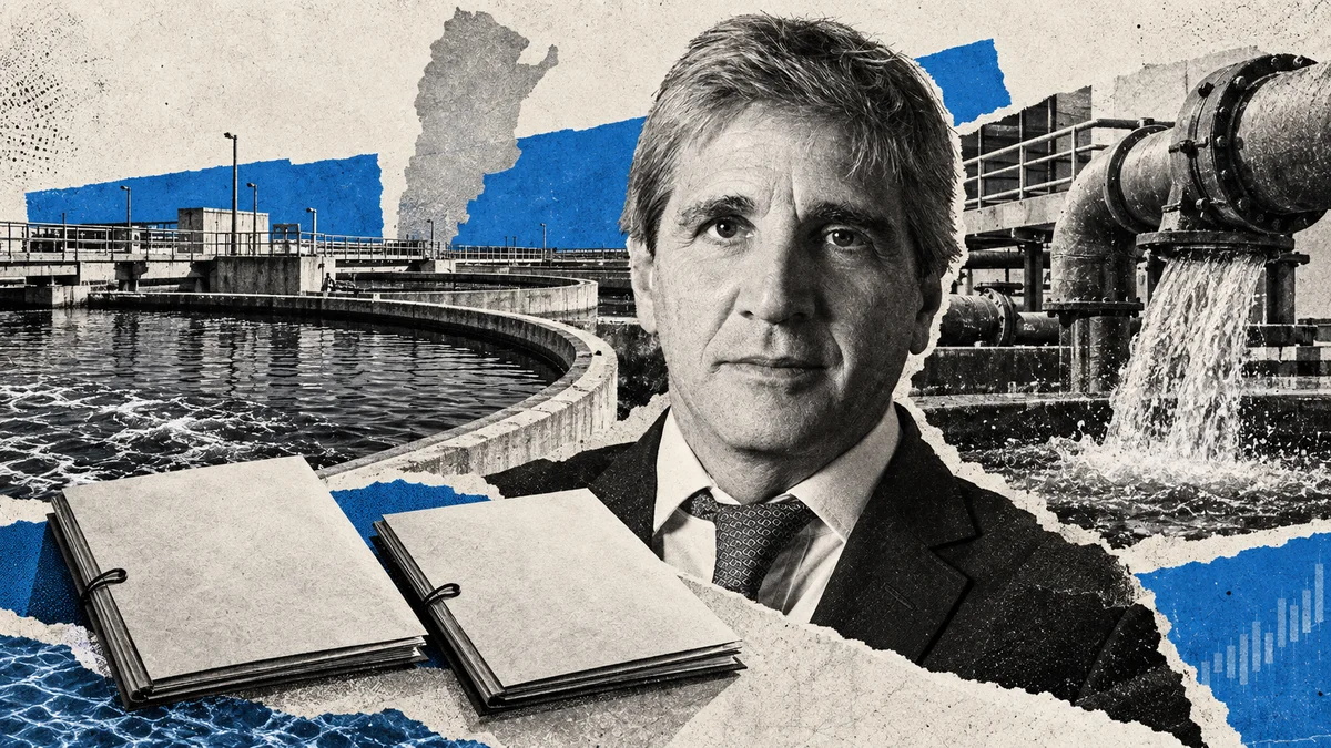 Luis Caputo, retrato oficial de archivo autorizado, en collage conceptual sobre la apertura de ofertas por AySA; no fotografía del acto