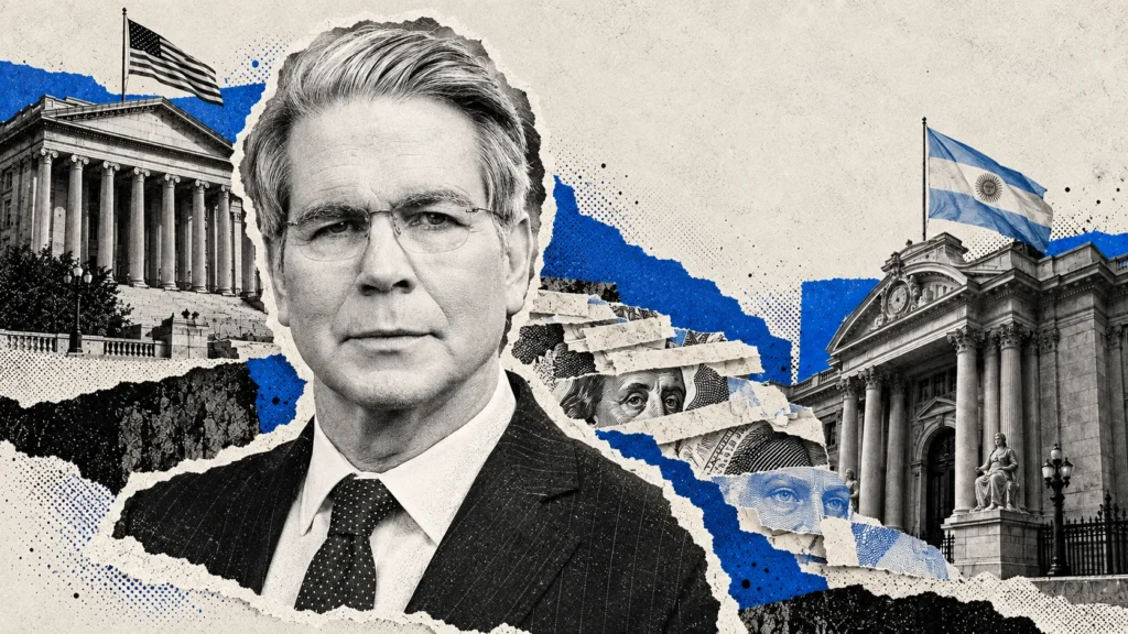 Collage editorial conceptual: Scott Bessent. Bessent deja abierta otra ayuda financiera a Argentina. No es registro documental del acontecimiento.