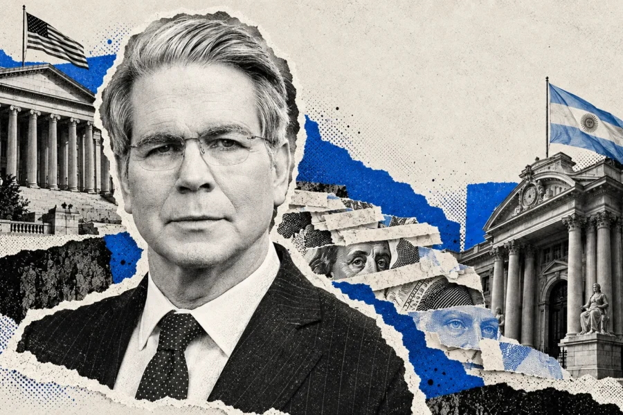 Collage editorial conceptual: Scott Bessent. Bessent deja abierta otra ayuda financiera a Argentina. No es registro documental del acontecimiento.