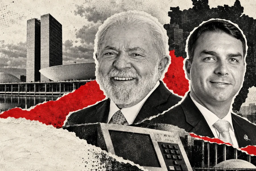Collage editorial conceptual: Lula y Flávio Bolsonaro. Flávio supera a Lula: Brasil irá al balotaje el 25. No es registro documental del acontecimiento.