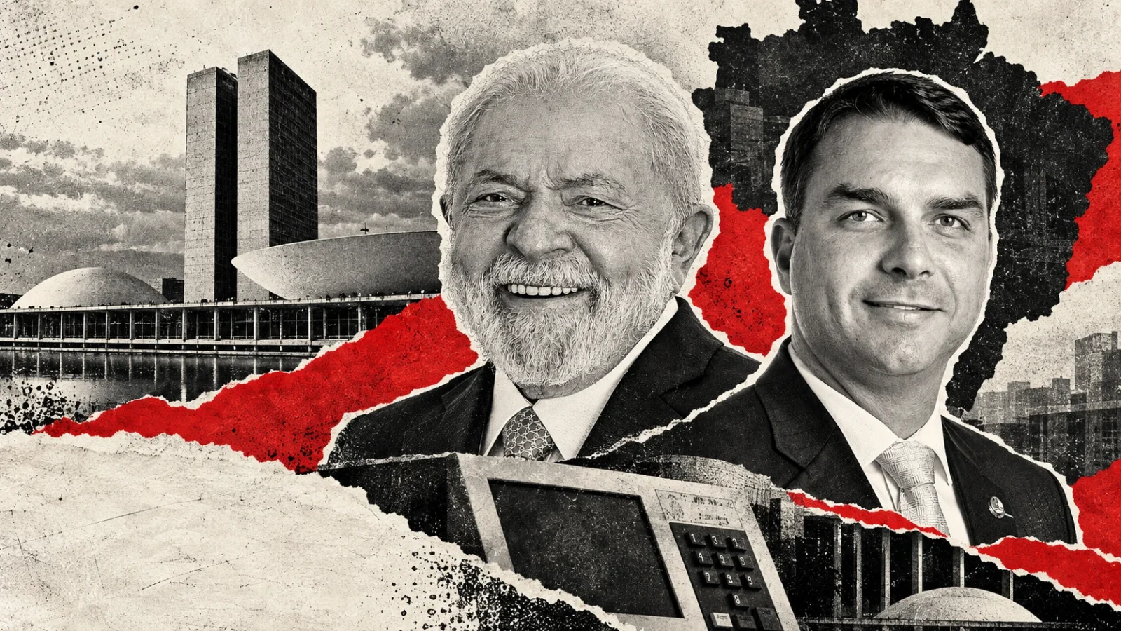Collage electoral específico con retratos de archivo de Lula y Flávio Bolsonaro, papel rasgado y elementos conceptuales brasileños. No es una fotografía de la noche electoral.