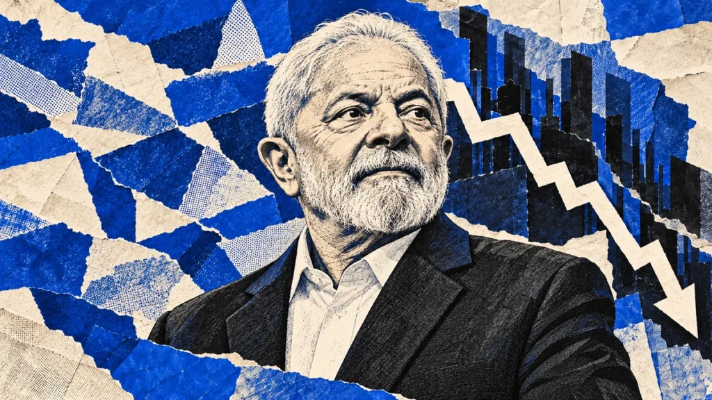 Collage conceptual original de La Red, asistido por IA,26/10/2026. Retrato sintético reconocible de Lula y recortes financieros ilustrativos; la línea descendente es simbólica, sin cotizaciones ni escala. No fotografía de un discurso ni pantalla bursátil real.