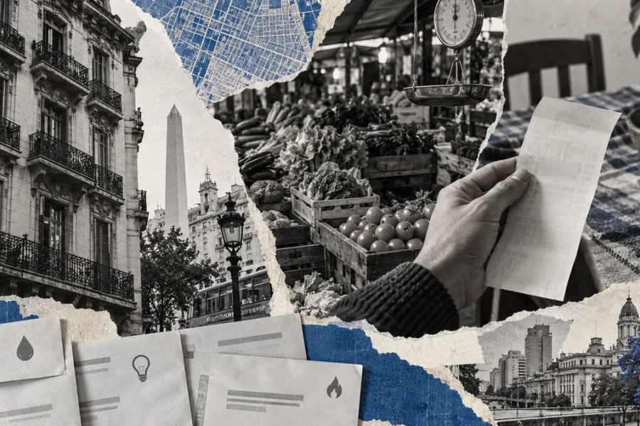 Collage conceptual de vivienda, mercado y gastos del hogar porteño; ilustración asistida por IA, sin testimonio personal atribuido