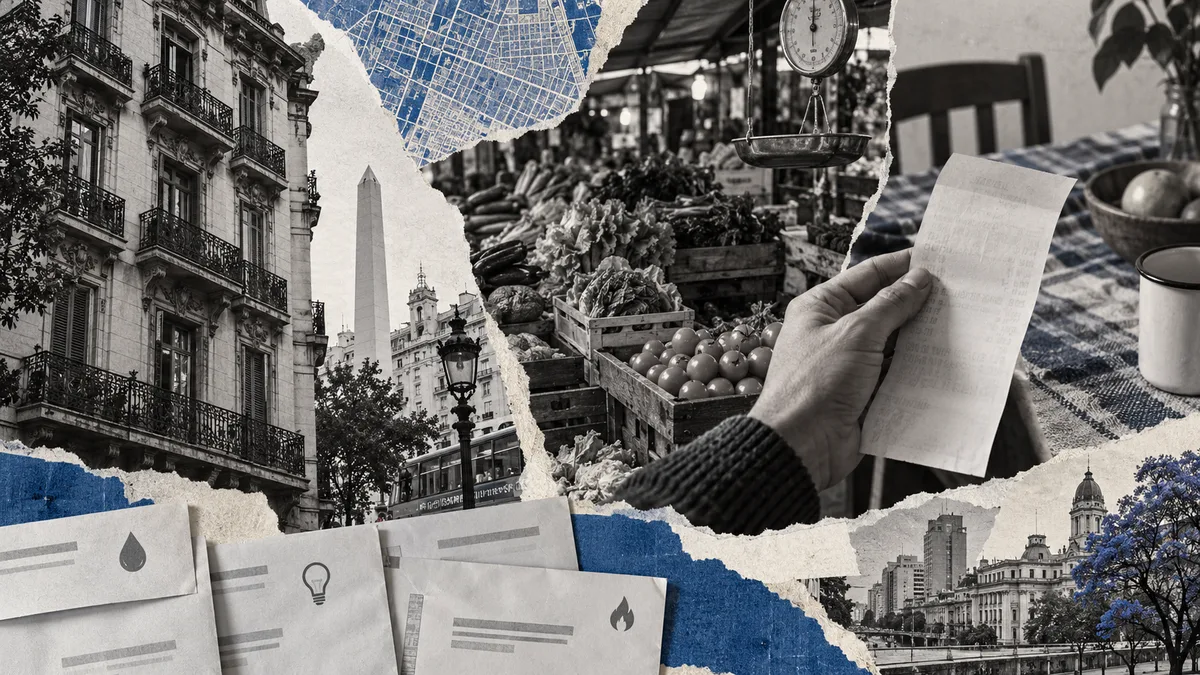 Collage conceptual de vivienda, mercado y gastos del hogar porteño; ilustración asistida por IA, sin testimonio personal atribuido