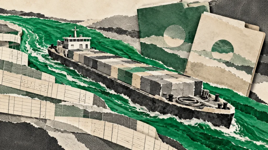 Collage verde de una barcaza hecha de papel, carpetas y planillas conceptuales de costos