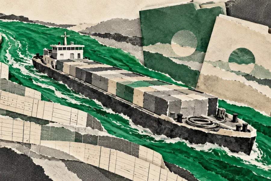 Collage verde de una barcaza hecha de papel, carpetas y planillas conceptuales de costos