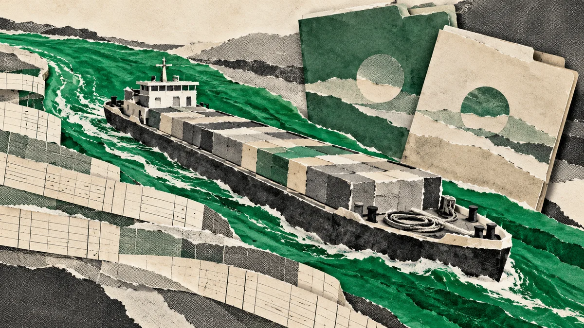 Collage verde de una barcaza hecha de papel, carpetas y planillas conceptuales de costos