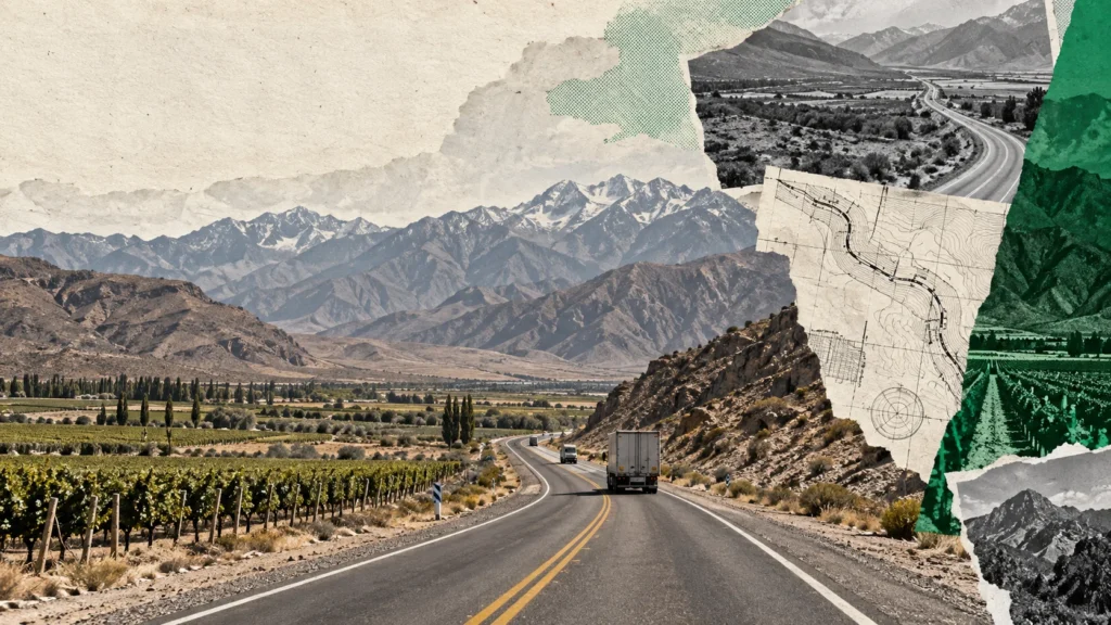 Collage conceptual de una ruta actual entre viñedos y montañas áridas, con planos rasgados y acentos verdes; no muestra obra ya ejecutada.
