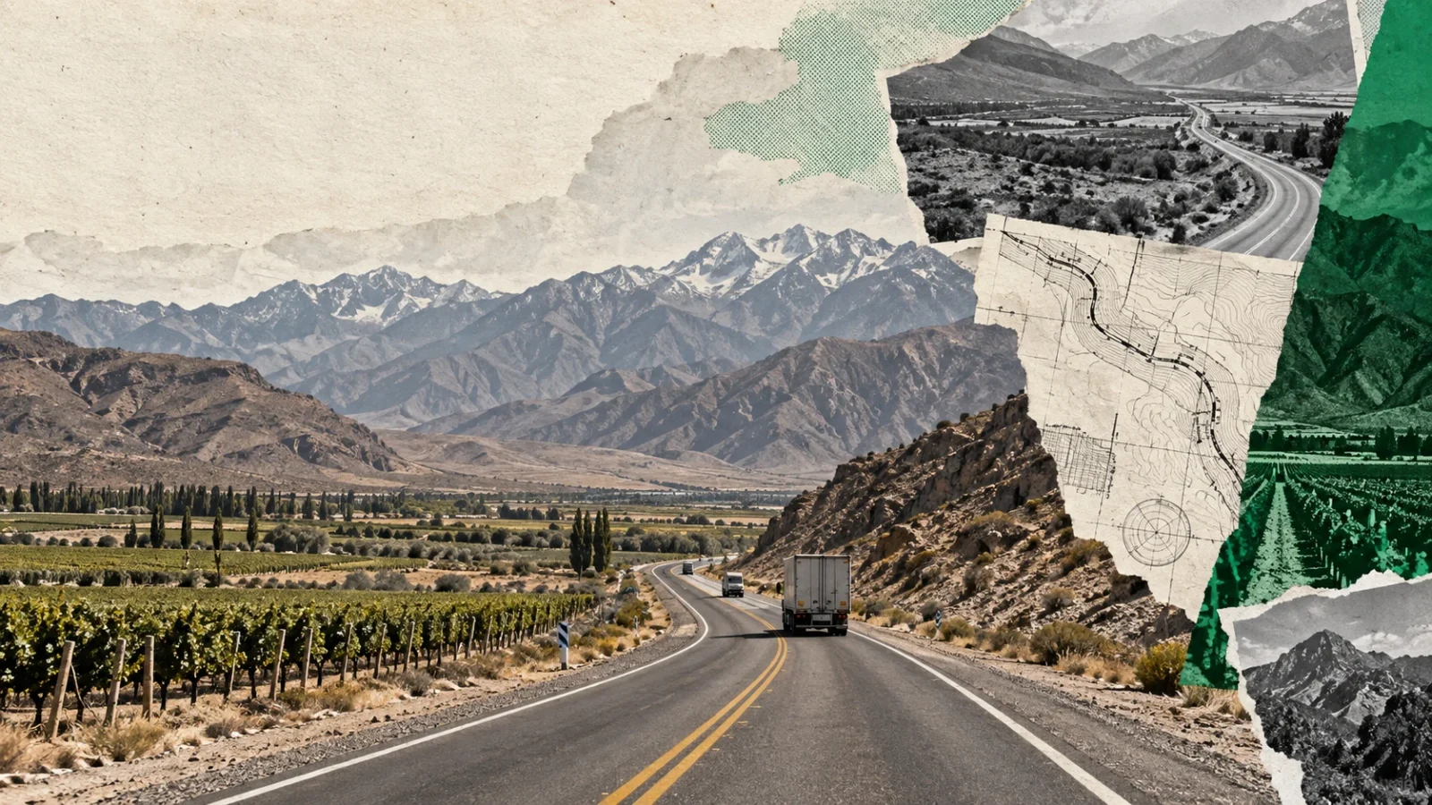 Collage conceptual de una ruta actual entre viñedos y montañas áridas, con planos rasgados y acentos verdes; no muestra obra ya ejecutada.
