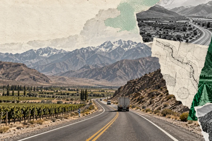 Collage conceptual de una ruta actual entre viñedos y montañas áridas, con planos rasgados y acentos verdes; no muestra obra ya ejecutada.