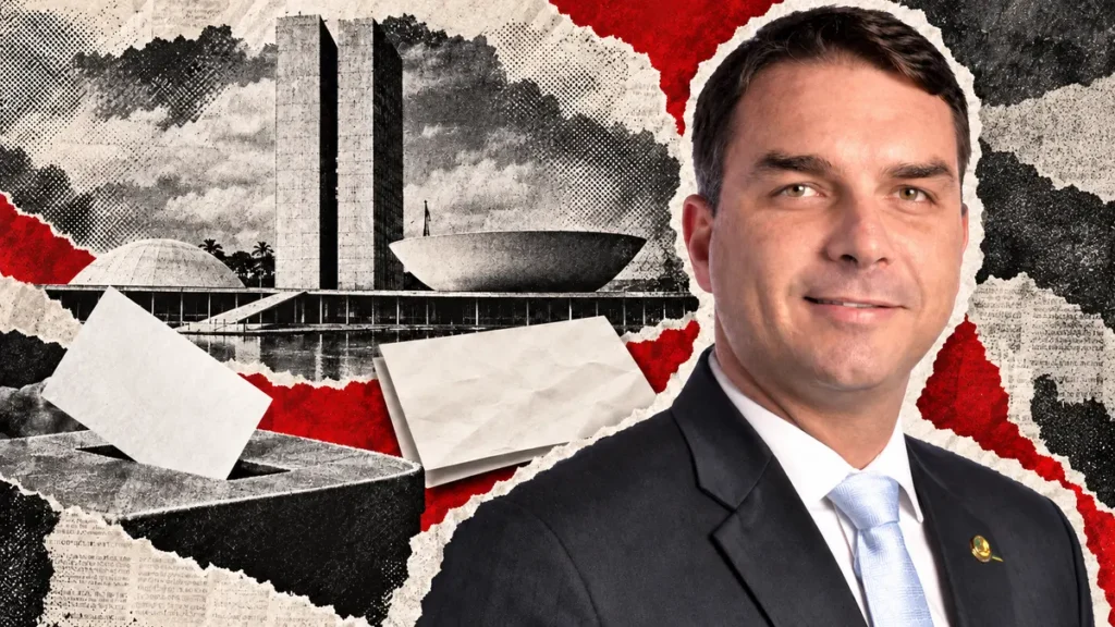 Collage conceptual con retrato reconocible de Flávio Bolsonaro, candidato y destinatario central del apoyo. No fotografía del hecho actual.
